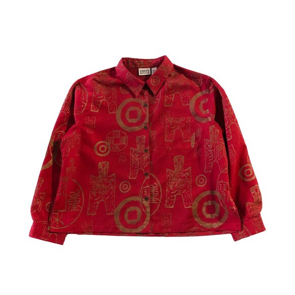 Chico's Design Sz 3 Red Long Sleeve Button Up Shirt Blazer Jacket Oriental Print - Picture 1 of 8